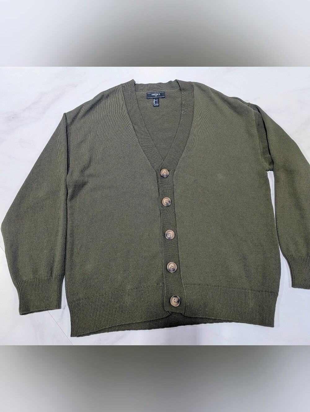 Forever 21 Olive Green V-Neck Button Cardigan - Men
